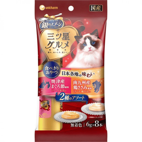 Unicharm 貓零食 日本銀匙肉泥餐包 雞肉及吞拿魚 48g (桃紅橙) (圖片1)