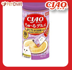 CIAO 肉泥 貓零食 金槍魚及鰹魚肉醬 14g 30本罐裝 (淺紫) (圖片1)