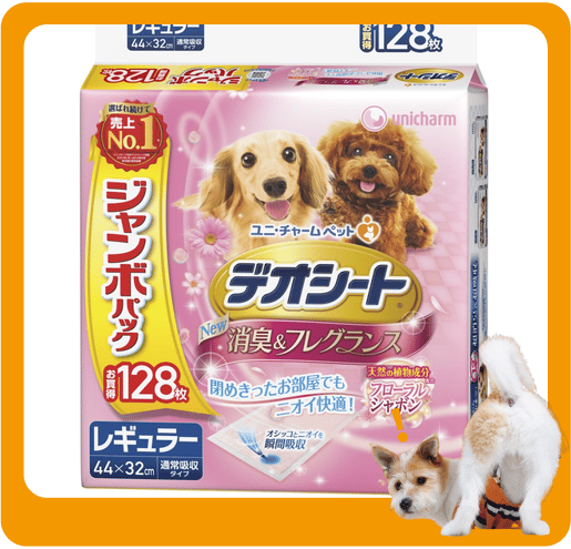 Unicharm Unicharm 狗尿墊 狗尿片 日本柔軟香氛超除臭增量裝 粉紅花香味 寵物尿墊 [44*32 XL碼 128枚]   正面圖