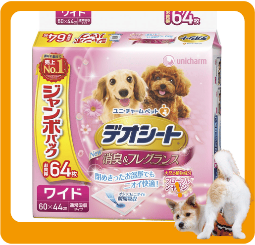Unicharm Unicharm 狗尿墊 狗尿片 日本柔軟香氛超除臭 粉紅花香味 寵物尿墊 [60*44 XL碼 64枚]   背面圖