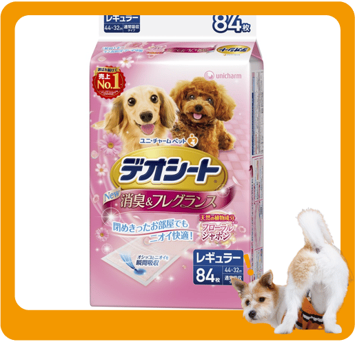 Unicharm Unicharm 狗尿墊 狗尿片 日本柔軟香氛超除臭 粉紅花香味 寵物尿墊 [44*32 XL碼 84枚]   正面圖