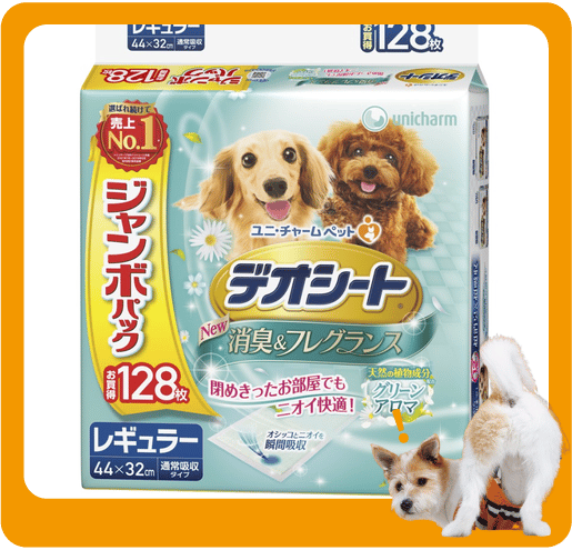 Unicharm 寵物尿墊 狗尿墊 狗尿片 日本柔軟香氛超除臭增量裝 田園清香味 寵物尿墊 [44*32 L碼 128枚] (圖片1)