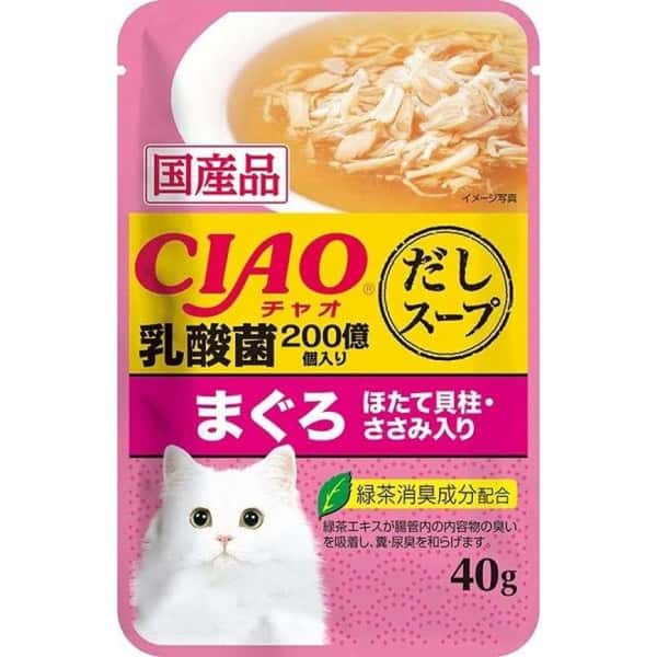 CIAO 貓濕糧 日本湯包系列 健腸乳酸菌 金槍魚+雞肉+扇貝味 40g (黃粉紅) (IC-220) (圖片1)