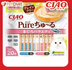 CIAO CIAO 肉泥 貓零食 Pure Chiu 天然純粹金槍魚扇貝肉醬 14g 20本袋裝 14g 正面圖