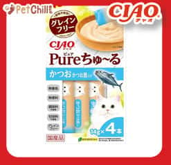 CIAO CIAO 肉泥 貓零食 Churu Pure 無添加鰹魚木魚肉醬 14g 4本入 14g 正面圖