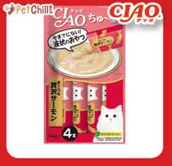 CIAO CIAO 肉泥 貓零食 金槍魚+三文魚肉醬 14g 4本入 14g  正面圖