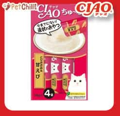 CIAO CIAO 肉泥 貓零食 雞肉及甜蝦肉醬 14g 4本入 14g  正面圖