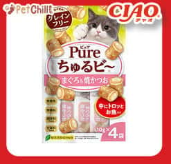 CIAO CIAO 貓零食 日本 Pure Chiu 天然軟心零食粒 金槍魚+燒鰹魚味 10g 4袋入 10g 正面圖