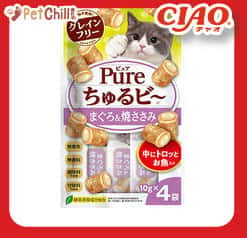 CIAO CIAO 貓零食 日本 Pure Chiu 天然軟心零食粒 金槍魚+雞肉味 10g 4袋入 10g 正面圖
