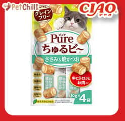 CIAO CIAO 貓零食 日本 Pure Chiu 天然軟心零食粒 雞肉+燒鰹魚味 10g 4袋入 10g 正面圖