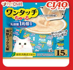 CIAO CIAO 貓零食 日本 One Touch 1兆個乳酸菌肉泥杯 鰹魚海鮮味 13g 15個入 13g 正面圖