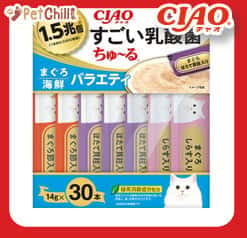 CIAO CIAO 肉泥 貓零食 1.5萬億乳酸菌 金槍魚+扇貝肉醬 14g 30本入 14g 正面圖