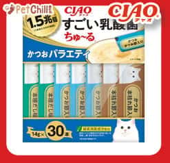 CIAO CIAO 肉泥 貓零食 1.5萬億乳酸菌 鰹魚+鰹魚乾肉醬 14g 30本入 14g 正面圖