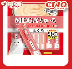 CIAO CIAO 肉泥 貓零食 MEGA系列 金槍魚肉醬 48g 7本袋裝 48g  正面圖
