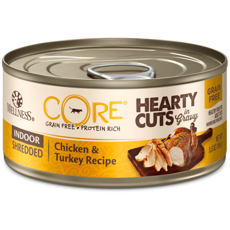 WELLNESS WELLNESS CORE 貓罐頭 無穀物 Hearty Cuts 室內貓配方 雞肉及火雞 5.5oz 156g 5oz 正面圖