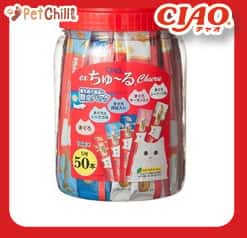 CIAO CIAO 肉泥 貓零食 綜合海鮮金槍魚肉醬 14g 50本罐裝 - 限定品 14g 正面圖