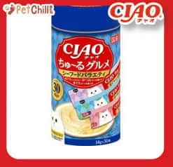 CIAO CIAO 肉泥 貓零食 混合海鮮肉醬 14g 30本罐裝 14g  正面圖