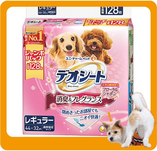 Unicharm Unicharm 狗尿墊 狗尿片 日本柔軟香氛超除臭增量裝 粉紅花香味 寵物尿墊 [44*32 XL碼 128枚]   背面圖
