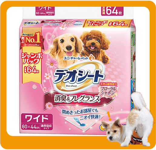 Unicharm Unicharm 狗尿墊 狗尿片 日本柔軟香氛超除臭 粉紅花香味 寵物尿墊 [60*44 XL碼 64枚]   正面圖
