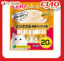 CIAO CIAO 肉泥 貓零食 雞肉及什錦海鮮肉醬 14g 20本袋裝 14g  正面圖