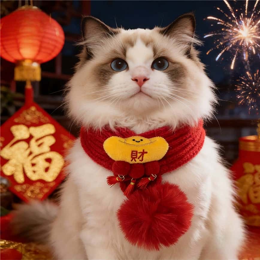 寵物圍巾 新年毛線醒獅發財配飾貓咪圍巾 款式隨機 1套 (圖片2)