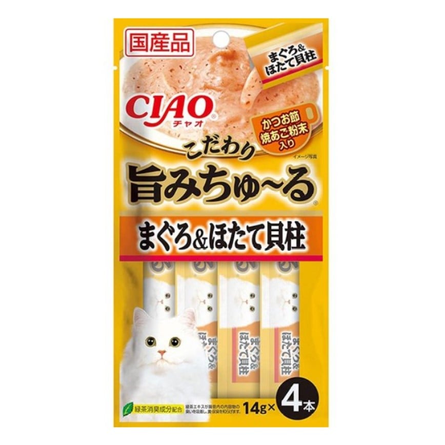 CIAO 肉泥 貓零食 旨みちゅ〜る 金槍魚扇貝 +飛魚乾粉 14g 4本入 (SC-343) (停售) (img2)