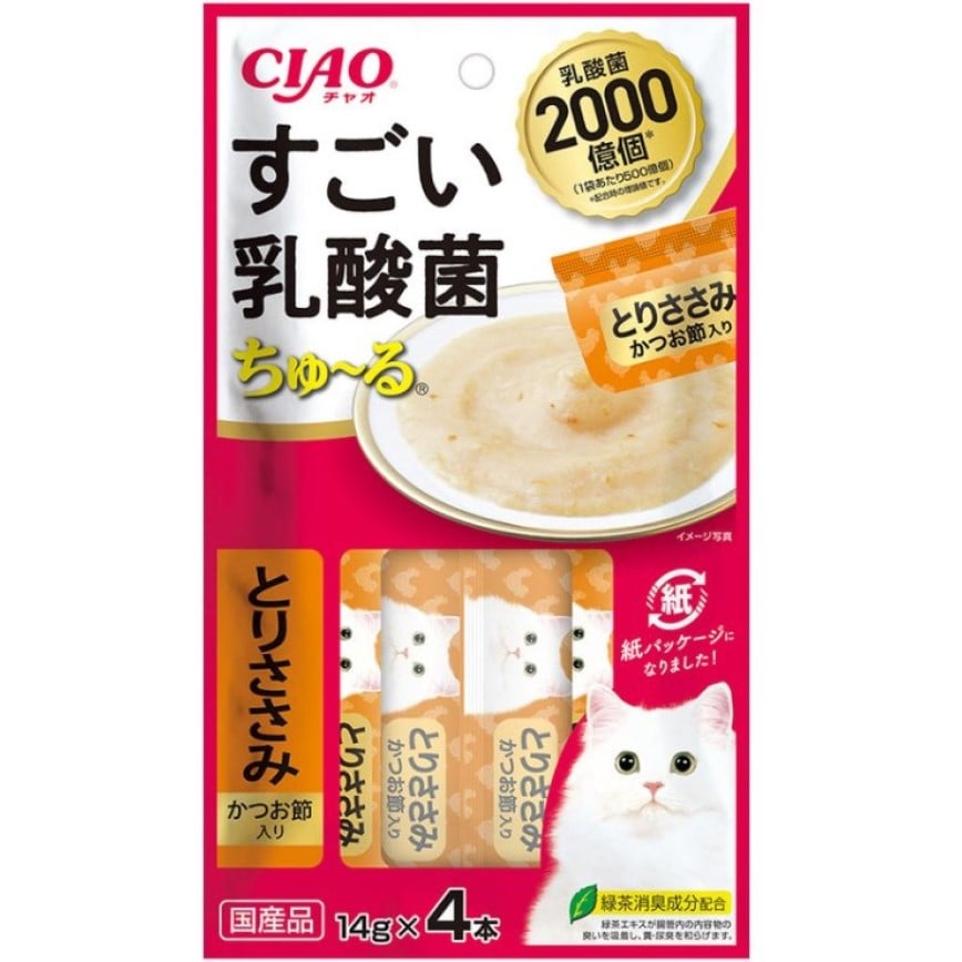 CIAO 肉泥 貓零食 2000億個乳酸菌 鰹魚乾+雞肉肉醬 14g 4本入 (橙) (SC-393) (TBS) (img2)