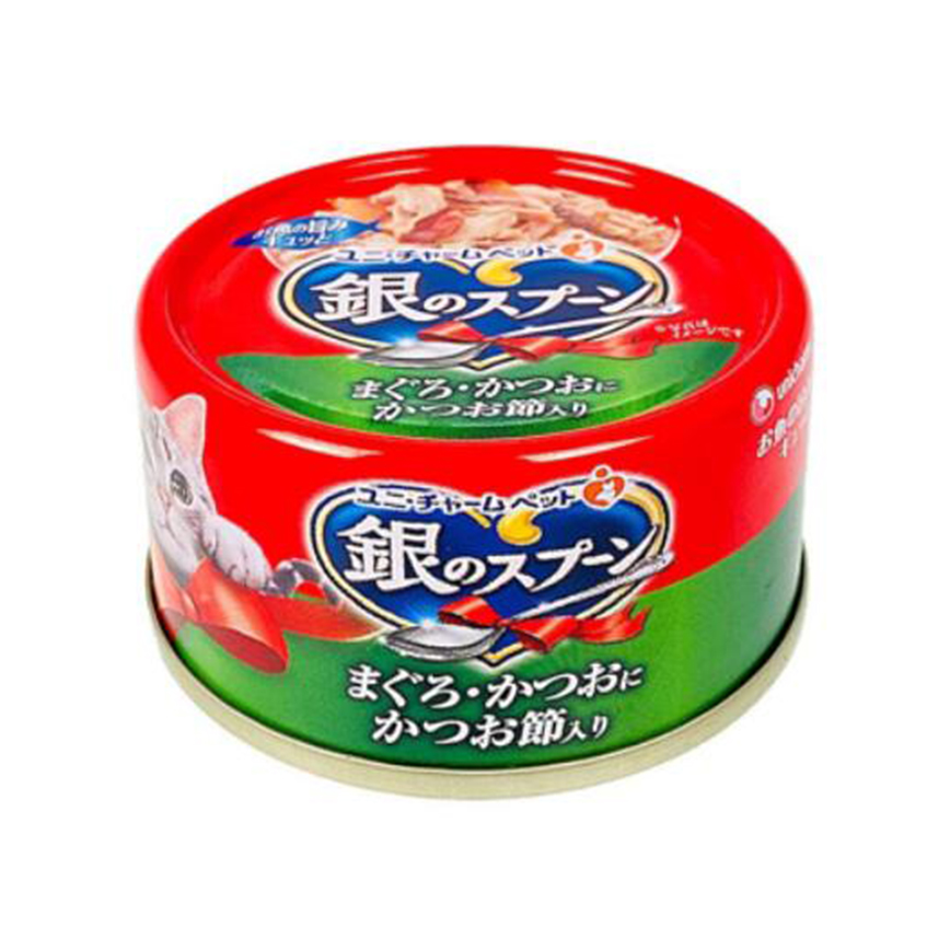 Unicharm 貓罐頭 銀匙特級成貓罐頭 鰹⿂⾦槍⿂配⽅+⽊⿂花 70g (uc30556) (img2)