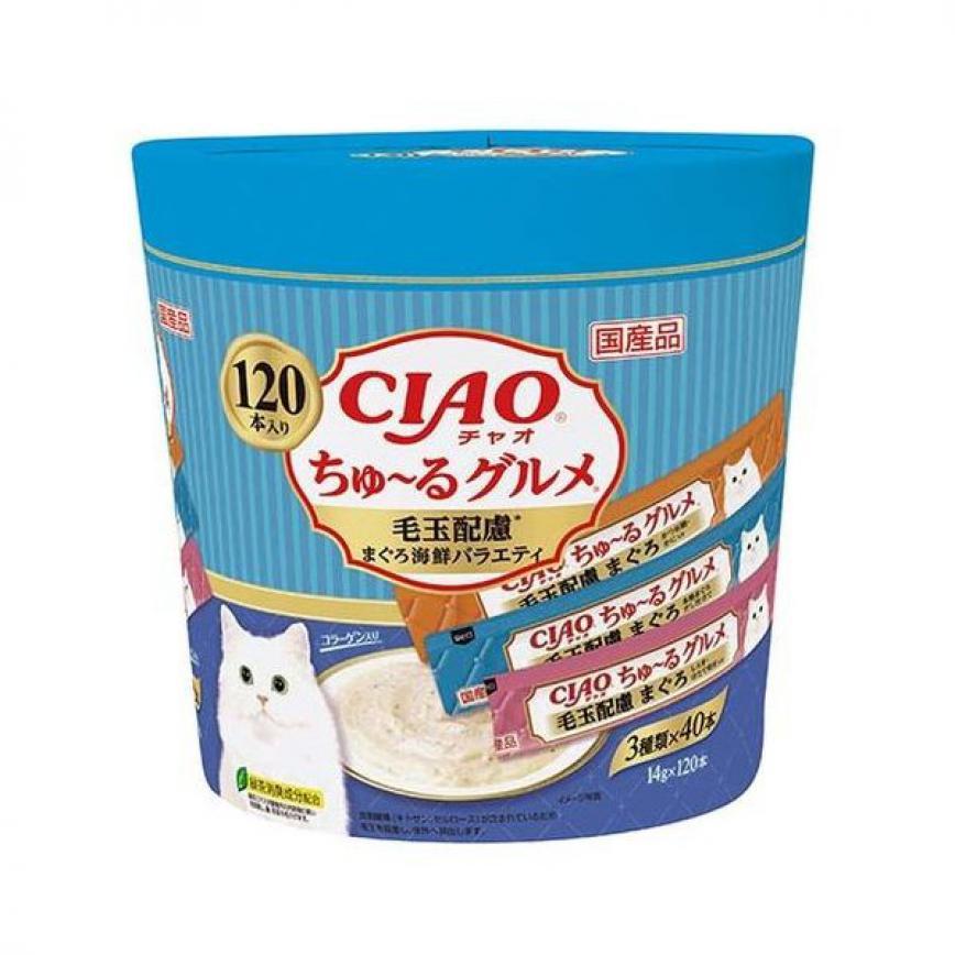 CIAO 肉泥 貓零食 毛玉配慮 金槍魚海鮮肉醬 14g 120本罐裝 SC-214 (img2)