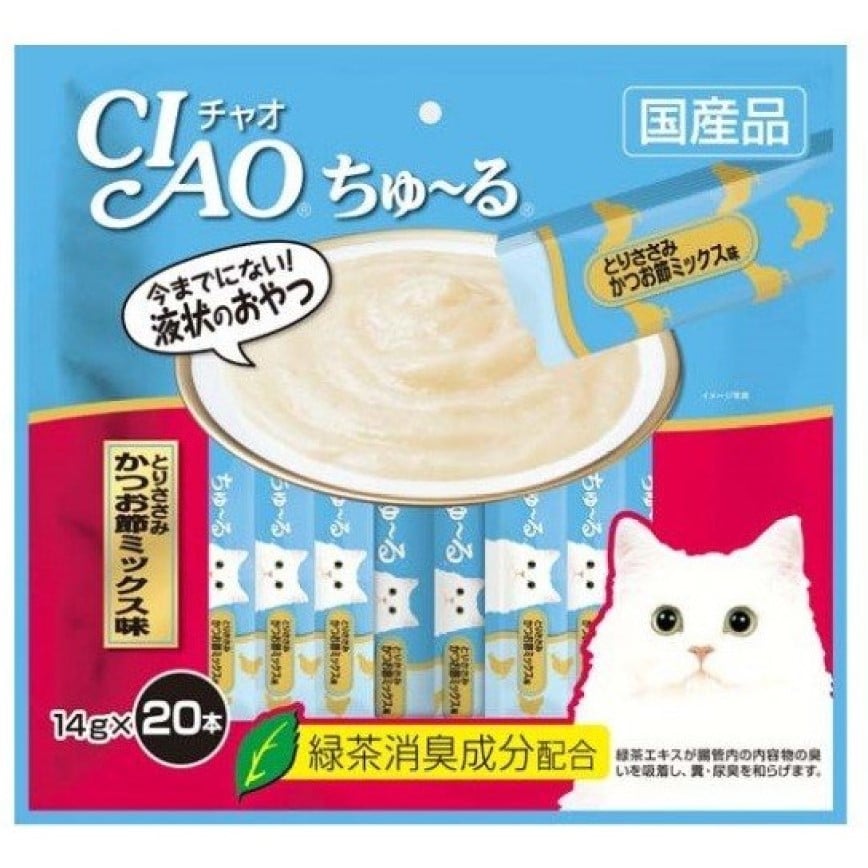 CIAO 肉泥 貓零食 雞肉及柴魚肉醬 14g 20本袋裝 (天藍) (SC-193) (img2)
