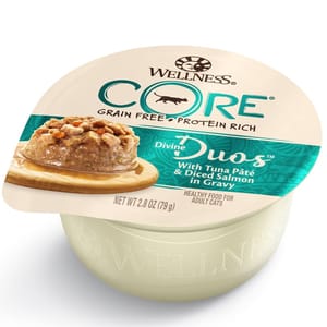 WELLNESS WELLNESS CORE 貓罐頭 無穀物 Divine Duos 雙重滋味杯 吞拿魚茸配三文魚肉丁 2.8oz 8oz 正面圖