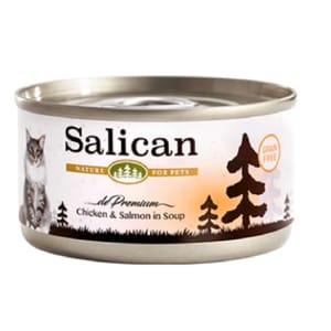 Salican Salican 貓罐頭 清湯鮮雞肉+三文魚 85g 85g 正面圖