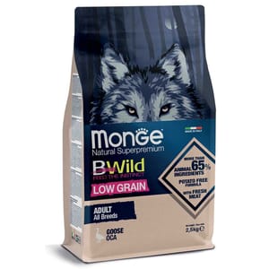 Monge Monge Bwild 狗糧 低穀物野生系列 成犬配方 鵝肉 15kg 或 15kg 正面圖