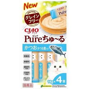 CIAO CIAO 肉泥 貓零食 Churu Pure 無添加鰹魚木魚肉醬 14g 4本入 14g  正面圖
