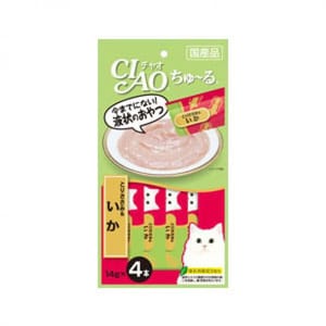CIAO CIAO 肉泥 貓零食 雞肉+魷魚肉醬 14g 4本入 14g 正面圖