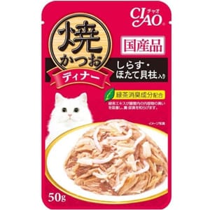 CIAO CIAO 貓濕糧 日本燒鰹魚晚餐包 白飯魚+扇貝 50g 50g  正面圖