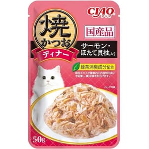 CIAO CIAO 貓濕糧 日本燒鰹魚晚餐包 三文魚+扇貝 50g 50g 正面圖