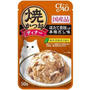 CIAO CIAO 貓濕糧 日本燒鰹魚晚餐包 扇貝+高湯 50g 50g  正面圖