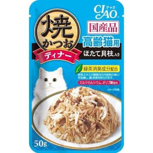 CIAO CIAO 貓濕糧 日本燒鰹魚晚餐包 高齡貓 扇貝 50g 50g  正面圖