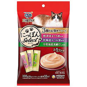 Unicharm Unicharm 貓零食 日本三星銀匙肉泥餐包 金槍魚+鰹魚+真鯛 108g 108g  正面圖