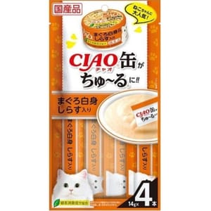 CIAO CIAO 肉泥 貓零食 缶之系列 白身金槍魚+白飯魚 14g 4本入 14g 正面圖