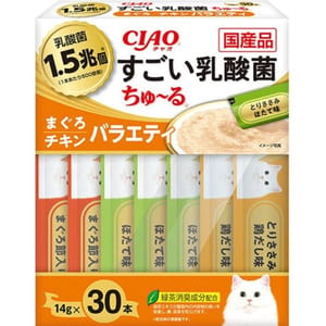 CIAO CIAO 肉泥 貓零食 1.5萬億乳酸菌 金槍魚+雞肉肉醬 14g 30本入 14g  正面圖