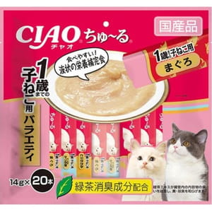 CIAO CIAO 肉泥 貓零食 1歲以下 營養補充 金槍魚+鰹魚+雞肉混合肉醬 14g 20本袋裝 14g 正面圖