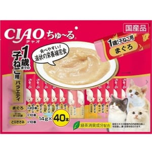 CIAO CIAO 肉泥 貓零食 1歲以下 營養補充 金槍魚+鰹魚+雞肉混合肉醬 14g 40本入 14g  正面圖