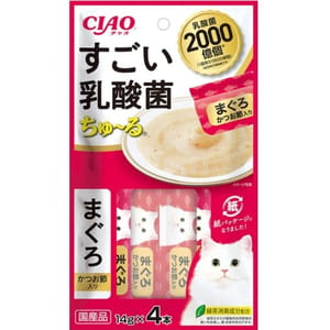 CIAO CIAO 肉泥 貓零食 2000億個乳酸菌 鰹魚乾+金槍魚肉醬 14g 4本入 14g  正面圖