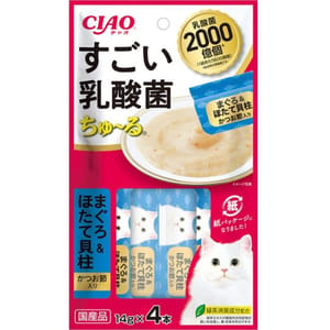 CIAO CIAO 肉泥 貓零食 2000億個乳酸菌 鰹魚乾+金槍魚扇貝肉醬 14g 4本入 14g 正面圖