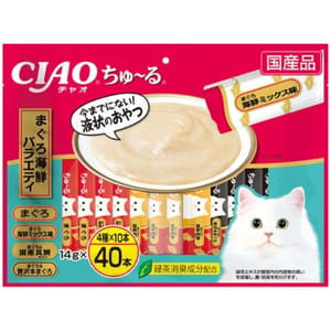 CIAO CIAO 肉泥 貓零食 金槍魚+金槍魚海鮮混合+金槍魚真鯛+豪華金槍魚 14g 40本入 14g  正面圖