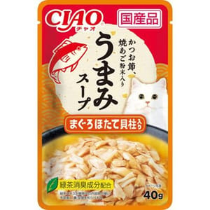 CIAO CIAO 貓濕糧 日本滋味湯軟包系列 金槍魚扇貝+飛魚乾粉 40g 40g 正面圖