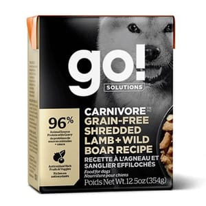 GO! GO! SOLUTIONS 無穀物狗濕糧 活力營養系列 羊肉絲豬肉 354g 354g 正面圖