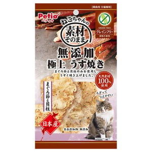 Petio Petio 無穀物貓零食 日本產無添加 極上燒吞拿魚節 &扇貝薄片  3g 3g  正面圖